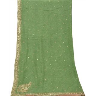 Sanskriti Vintage Dupatta Long Stole Georgette Green Shawl Hand Beaded Scarves 3