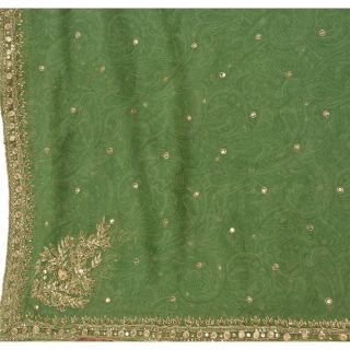 Sanskriti Vintage Dupatta Long Stole Georgette Green Shawl Hand Beaded Scarves 5