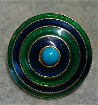 Large Vintage Florenza Gold - Tone Blue Green Enamel Bullseye Brooch Pin