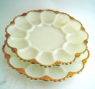 Vintage Oyster Plates Milk Glass With Gold Rim Anchor Hocking