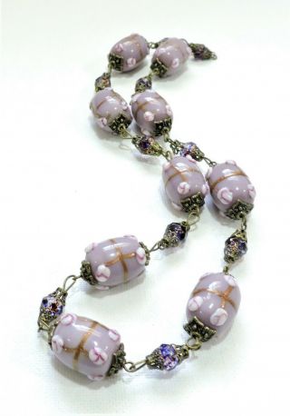 Vintage Purple Gold Pink Millefiori Lampwork Art Glass Bead Necklace Jn193793