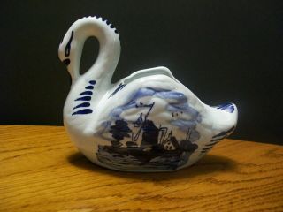 Vintage Delfts Holland Blue And White Swan Planter Vase