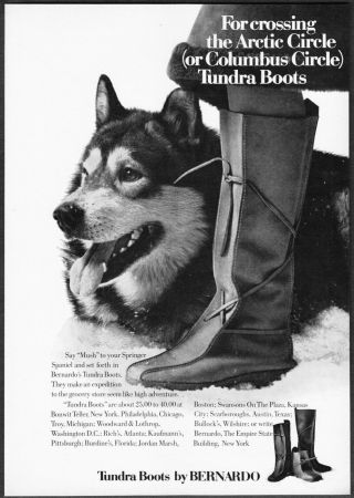 1971 Siberian Husky Dog Photo Tundra Boots By Bernardo Vintage Print Ad