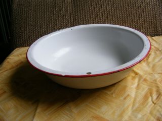 Vintage White W/ Red Trim Enamelware Round Pan Wash Basin Porcelain Enamel 12 " D