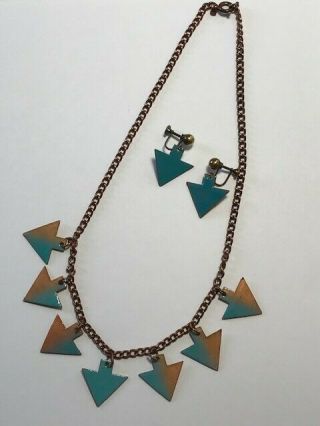 Vintage Mid Century Modern Turquoise Enamel On Copper Necklace And Earrings
