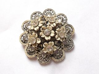 Vintage Art Deco White Celluloid Lace Effect Floral Flowers Glass Crystal Brooch