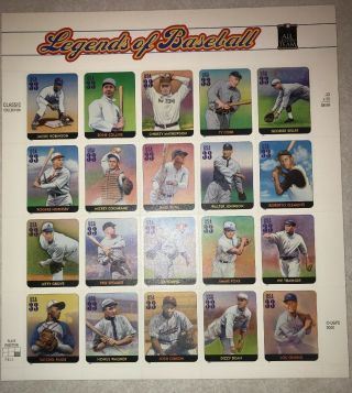 19 Years Old Usps Postage 33 Cents Stamps 1 Sheet Legends Of Baseball Usa Vtg