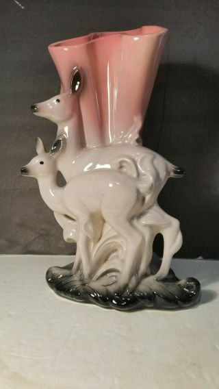 Vintage 1953 Hull Art Pottery Vase Twin Deer Usa 62 Pink Green 11 1/4 "