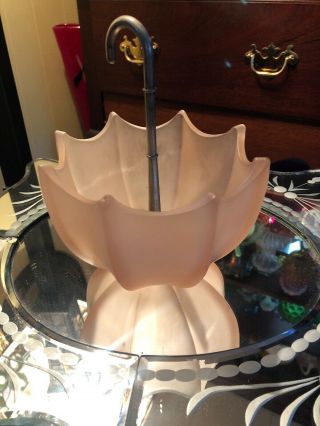 Vintage Fenton Frosted Pink Glass Umbrella Candy Dish Bowl With Brass Handle 50s