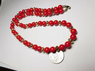 Red Gold Plastic Beaded Necklace Vintage 24 Inches 4