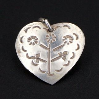 Vtg Sterling Silver - Navajo Stamped Flower Floral Heart Pendant - 3g