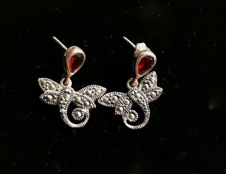 Vtg Sterling Silver 925 Red Stone Dragonfly Pierced Earrings Marked 1 " M023
