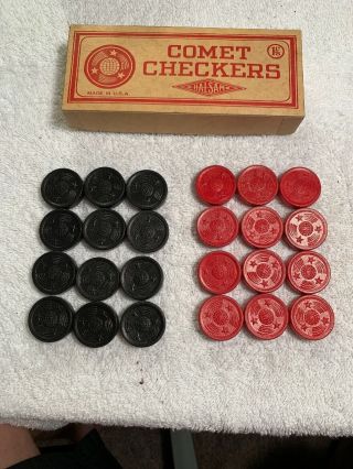 Vintage Halsam Comet Checkers Black & Red Wood Embossed Set Of 24 Box
