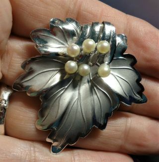 Vintage Carl Art Sterling Silver Pearl Leaf Brooch Pin