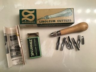 Vintage 4131 Speedball Wood Handle Linoleum Cutter With 7 Blades,  Bx
