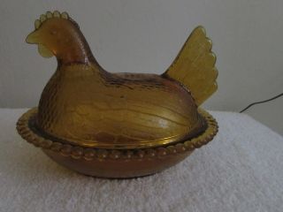 Vintage Indiana Glass - Amber - Hen On A Nest - Chicken - Hobnail Rim - Candy Dish Exc