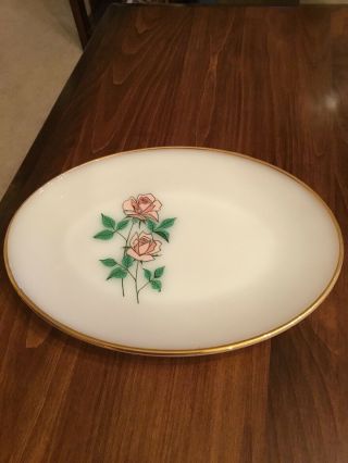 Vtg.  Fire King 13” By 9” Milk Glass / Pink Rosesoval Platter With Gold Trim.