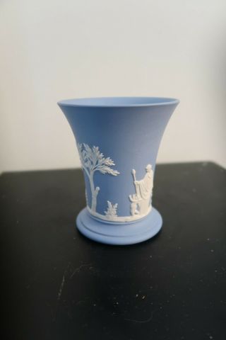 Vintage Wedgwood Jasperware Vase In White On Blue 4 "