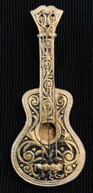 Vtg Signed Spain Damascene Guitar Brooch Pin Gold Tone Black Figural C Clasp 2”