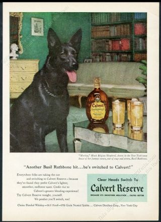 1948 Black Belgian Shepherd Dog Art Calvert Reserve Whiskey Vintage Print Ad