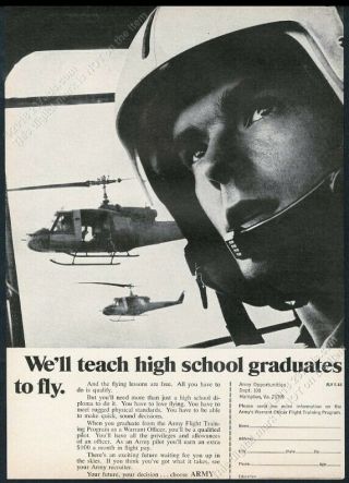 1968 Us Army Huey Helicopter & Pilot Photo Recruitment Vintage Print Ad