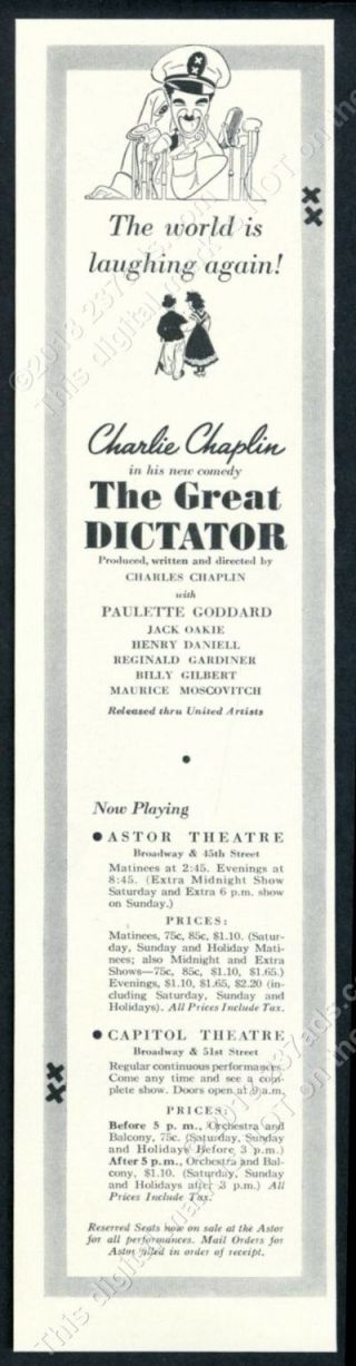 1940 Charlie Chaplin The Great Dictator Movie Release Vintage Print Ad