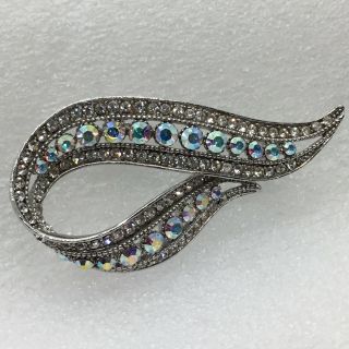 Signed Sung Vintage Ab Curved Bar Brooch Pin Aurora Borealis Rhinestone Jewelry