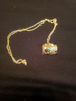 Vintage Avon Jeweled Chest Pendant Necklace Gold Tone Multi Color Cabochons