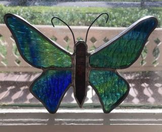 Vintage Stained Glass Blue & Green Butterfly Suncatcher Window Ornament Euc