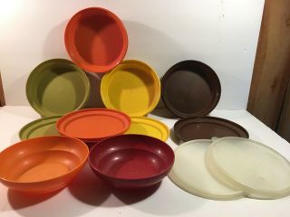 Vintage Tupperware Harvest Bowls Plates Lids Yellow Orange Brown Cranberry Green