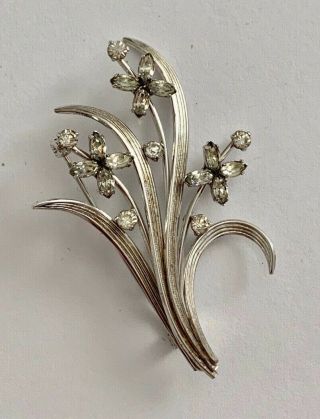 Vintage Silver Tone Crystal Rhinestone Flowers Brooch Pin Jewelry