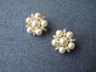 Vintage Signed Joan Rivers Faux Pearls & Rhinestones Golden Flower Earrings