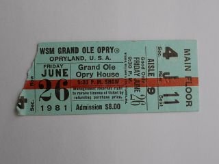 Vintage Grand Ole Opry Ticket - Stub From June 26 1981,  6 - 26 - 81