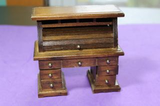 Vtg Dollhouse Miniature Wood Roll Top Desk Doll House Furniture Accessory