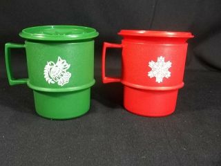 Vtg Tupperware Coffee Cups Mugs 1312 Red Green Lids Coasters Holiday Set Of 2
