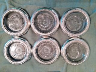 Six (6) Vintage Cut Glass Silverplate Rim Coasters Barware