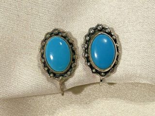 Vintage Designed Sterling Setting Oval Turquoise Screw - On Earrings Southwestern