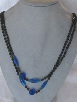A1 Vintage Estate Black & Blue Glass Bead Necklace Art Deco Flapper 62 "