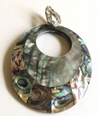 Vintage Inlaid Abalone Shell Pendant Rhinestone Studded Loop Pendant