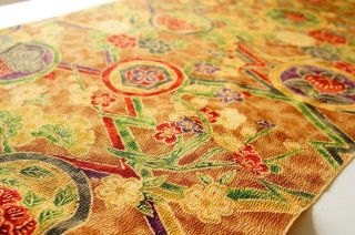 Vintage Japanese Kimono Silk Fabric | Gold Crepe Flower Circles 42 " | Quilting