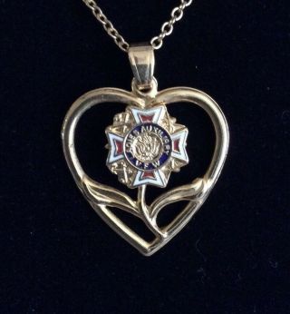Vintage Vfw Ladies Auxiliary Floral Heart Shape Pendant 20 " Chain