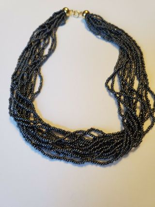 Vintage Multi Strand Black Seed Bead Necklace - 12 Strand,  16 1/2 " Length