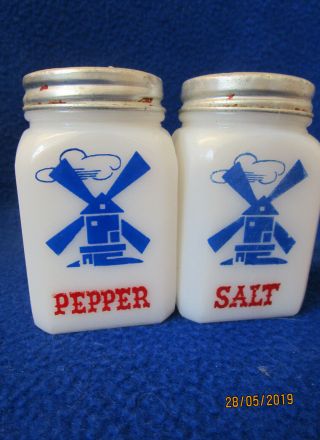 Vintage Mckee Windmill Pattern Milk Glass Salt & Pepper Shakers