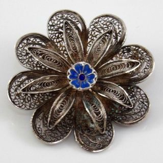 Vintage Sterling Silver Blue Enamel Flower Filigree Pin Brooch Lde12