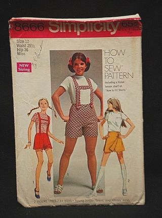 Vintage 1969 Simplicity Sewing Pattern 8666 Miss Shorts Suspenders Scooter Skirt