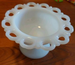 Vintage White Milk Glass Lace Edge Pedestal Footed Candy Dish Compote Bowl