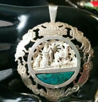 Vintage Peruvian Malachite Sterling Silver Large Brooch/pin/pendant,  Figural,  22g,