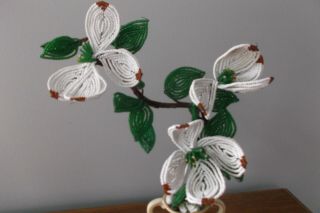 Vintage French Seed Beaded White Dogwood Flower Branch