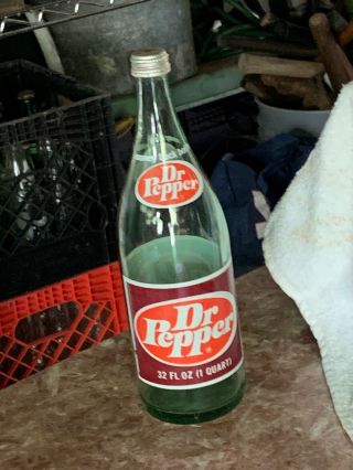 Vintage Dr.  Pepper Glass Bottle Large 32 Ounce 1 Quart With Cap Light Green Soda