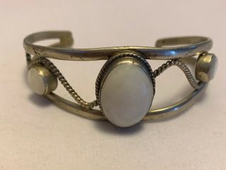 Vintage Alpaca Mexican Silver Cuff Bracelet With White Stone